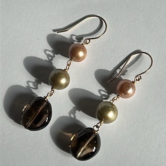 14K Yellow Gold Pearls Smoky Quartz Dangling Earrings - Picture 10 of 16